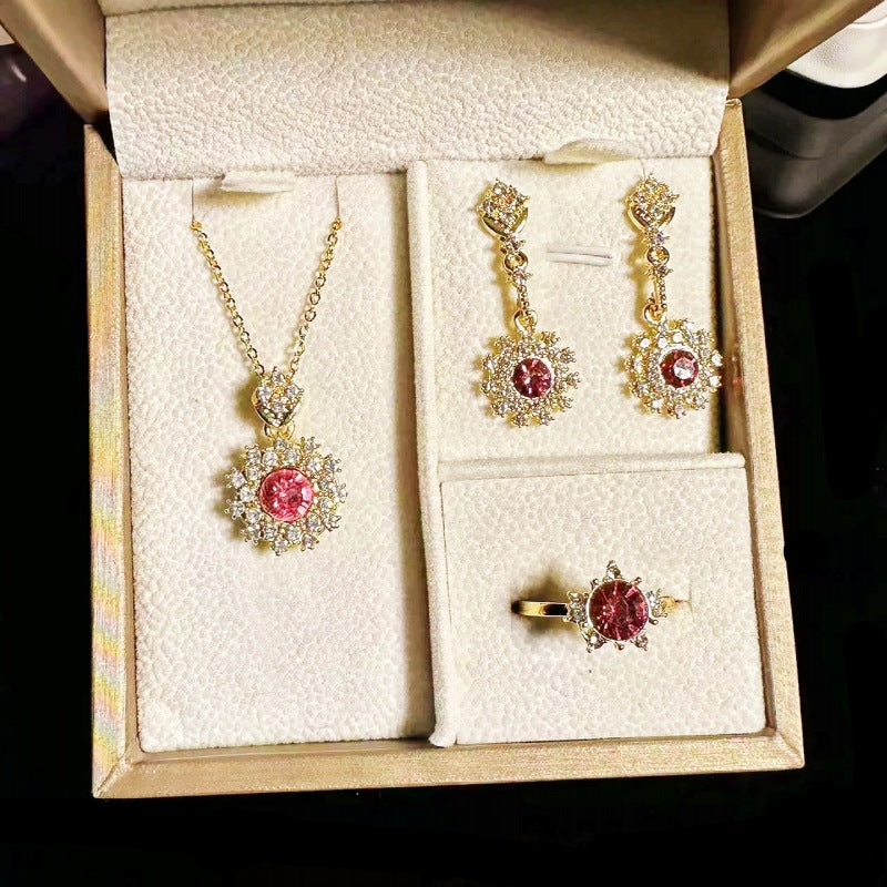 Women's Pomegranate Red Rings Pendants Earings Set