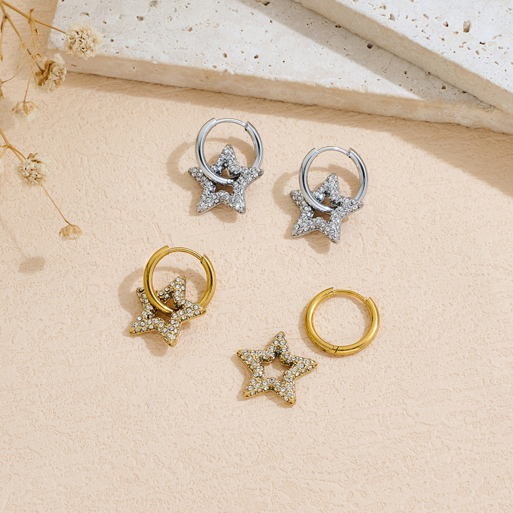 Machine-set Rhinestone Stainless Steel Five-pointed Star Earrings