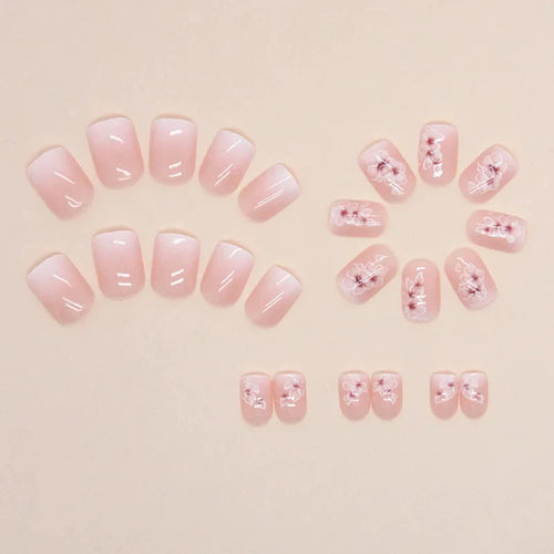 24 PCs Short French Simple Gradient Flower Nails with 1 Jelly Glue and 1 Nail File