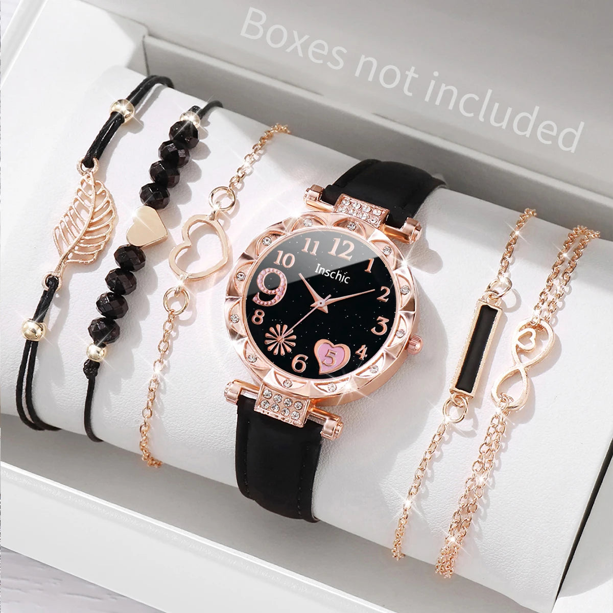 Heart Dial Women's Watch Casual Leather Band Analog Quartz Watch Leaf Bracelets Set Without Box）