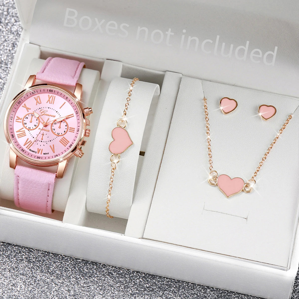 Women's Quartz Watch Leather Band Analog Wrist Watches Heart Rhinestone Jewelry Set(Without Box)
