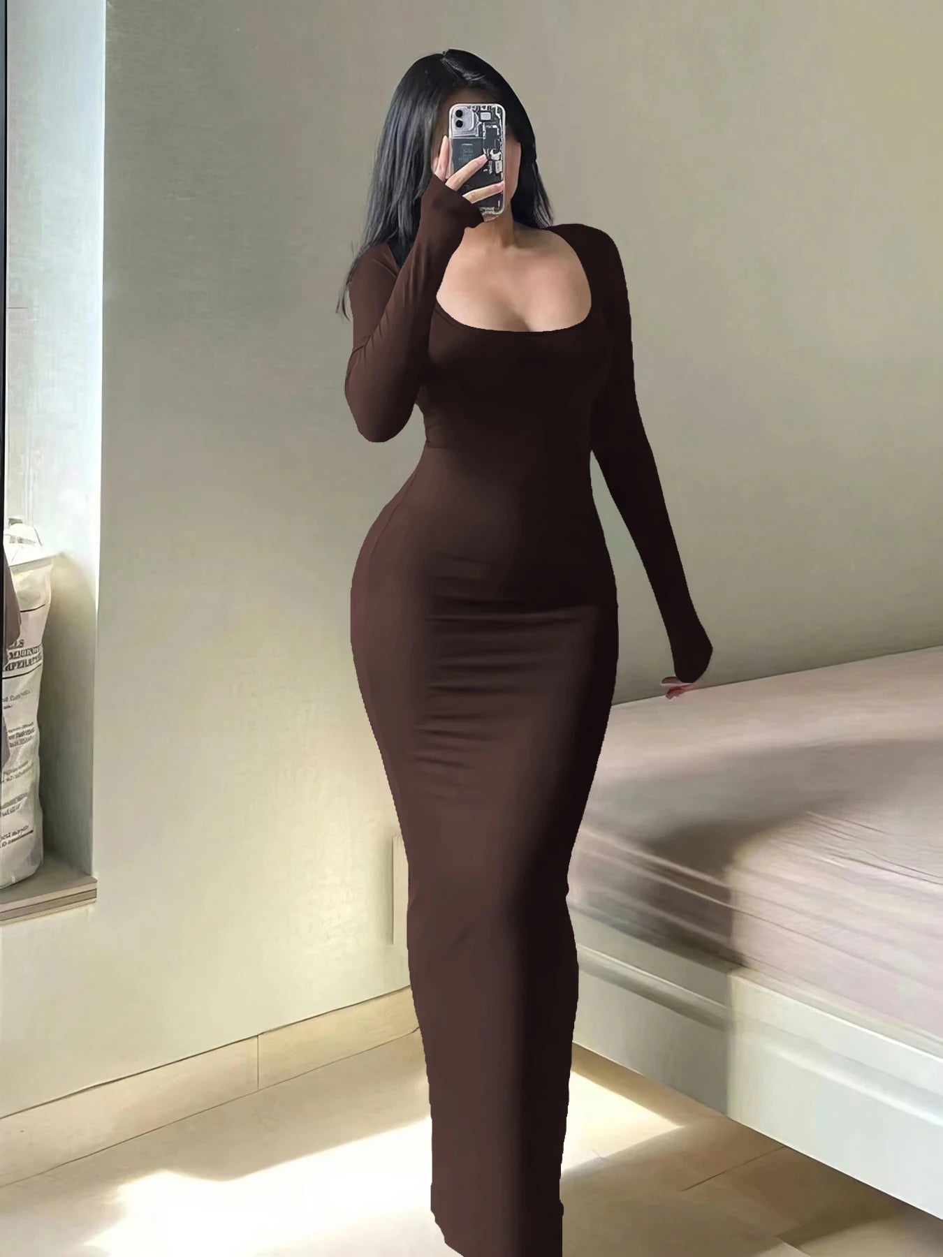 Women's Solid Long Sleeve Bodycon Dress,