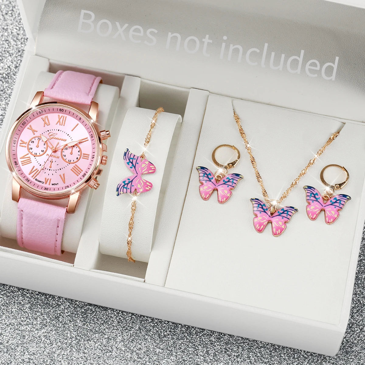 Women's Quartz Watch Leather Band Analog Wrist Watches Heart Rhinestone Jewelry Set(Without Box)