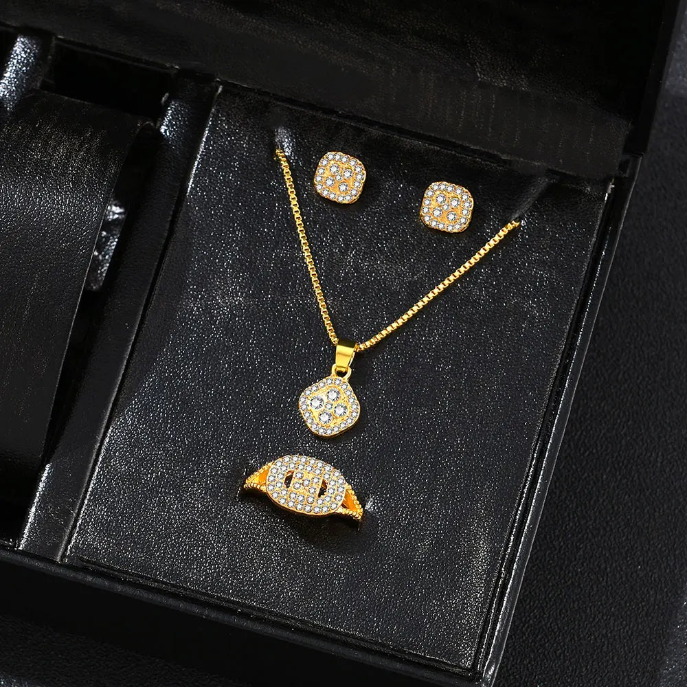Luxury Cube Jewelry Set, Women's Elegant Necklace, Earrings & Ring Set