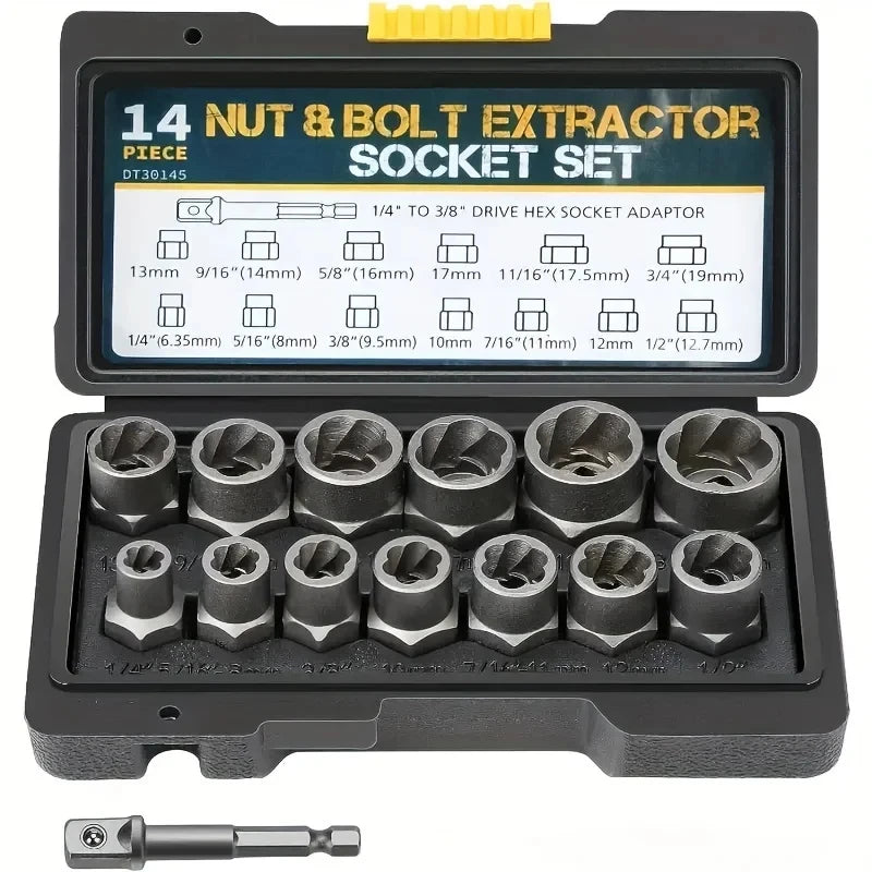 14-Piece Cr-Mo Steel Impact Bolt Nut Remover Set with Solid Storage Case for Industrial Use Bolt Extractor Tool Set