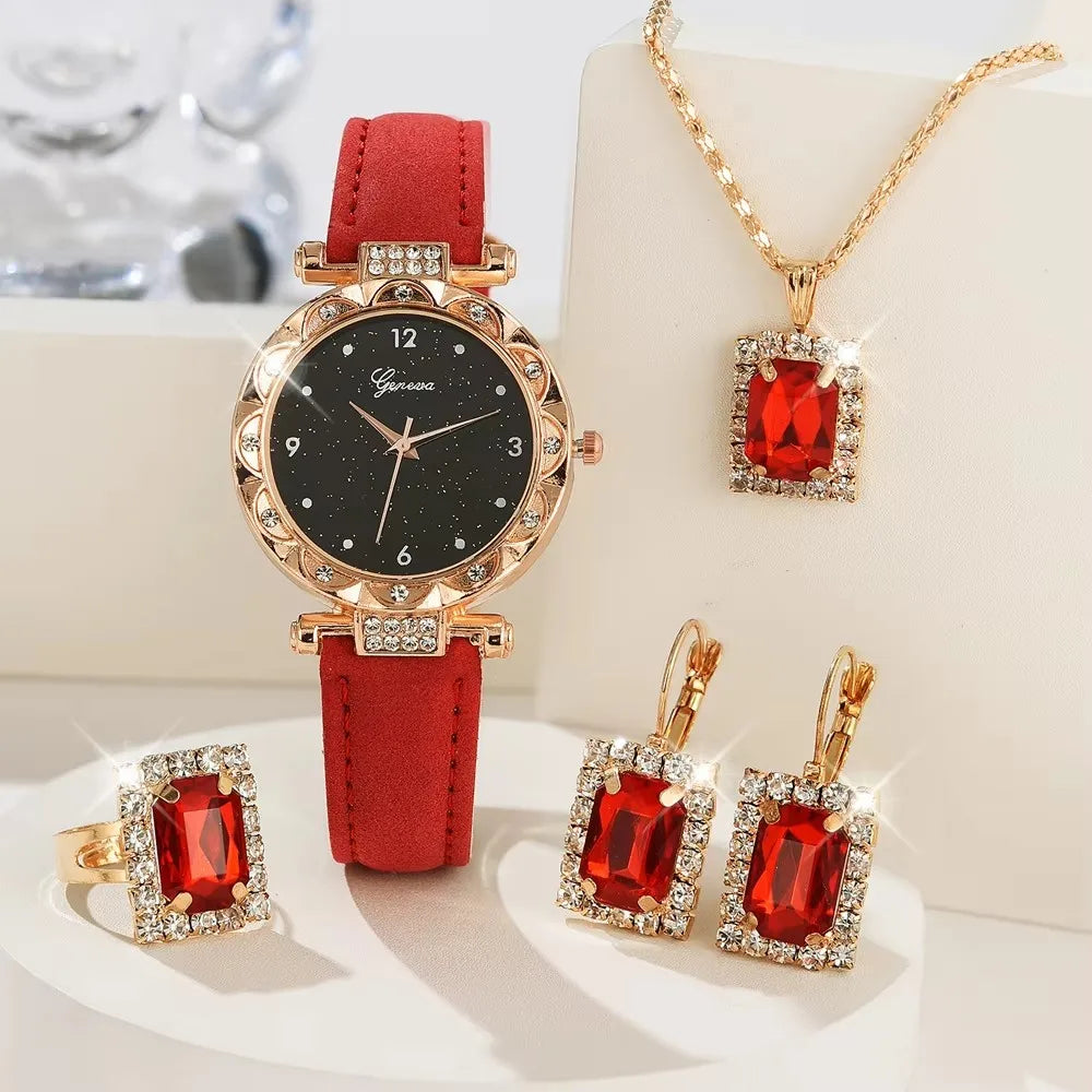 5Pcs Set Luxury Rhinestone Women Fashion Elegant Wristwatch Quartz Watch