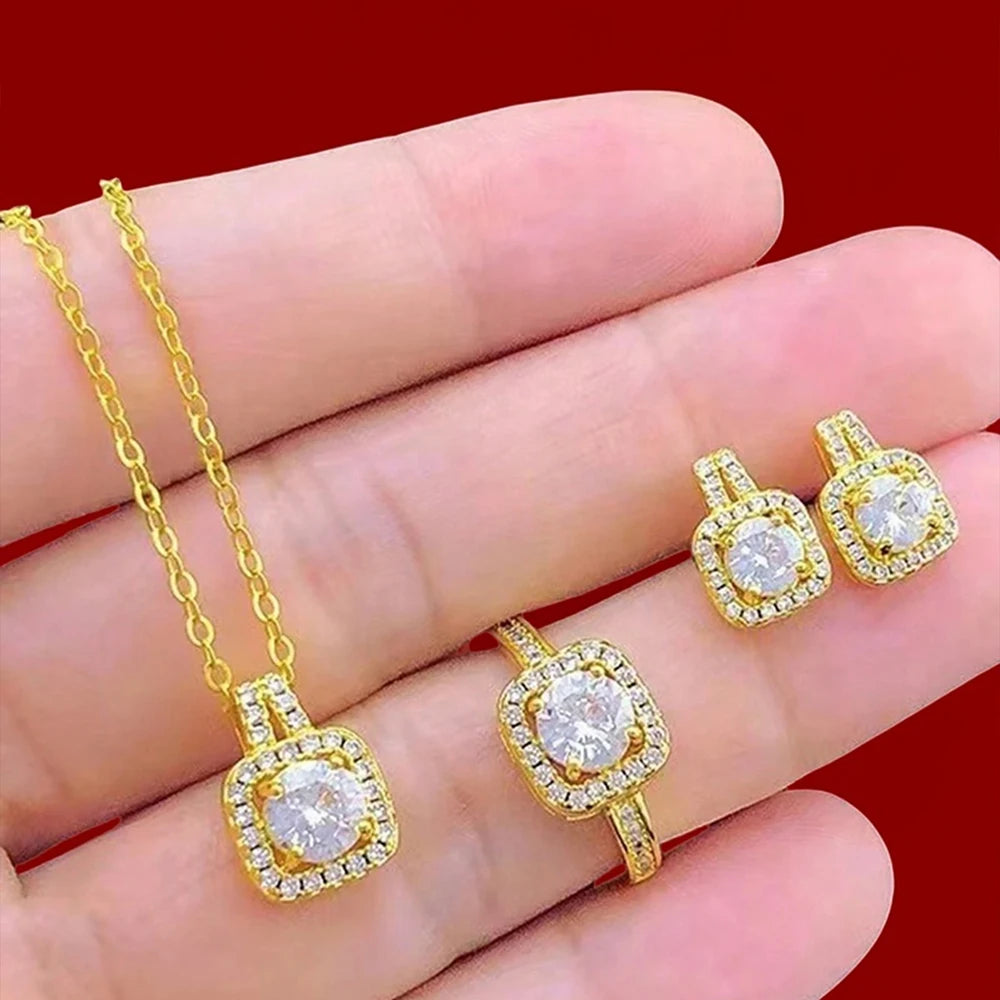 Luxury Cube Jewelry Set, Women's Elegant Necklace, Earrings & Ring Set