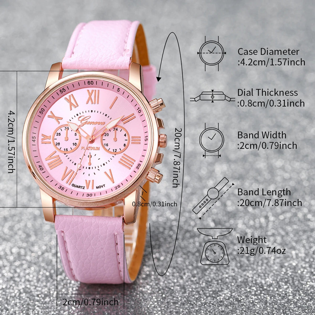 Women's Quartz Watch Leather Band Analog Wrist Watches Heart Rhinestone Jewelry Set(Without Box)