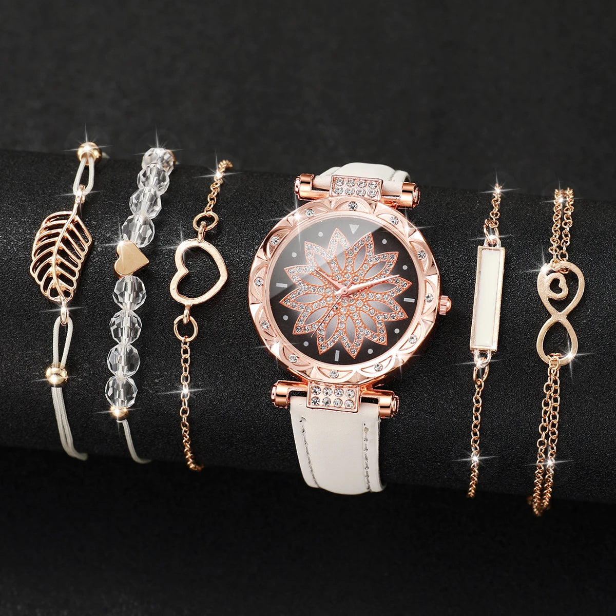 Heart Dial Women's Watch Casual Leather Band Analog Quartz Watch Leaf Bracelets Set Without Box）