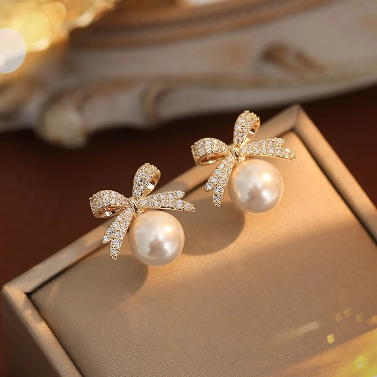 2 Women's Silver Needle Bow Studded With Diamond Pearl Earrings,
