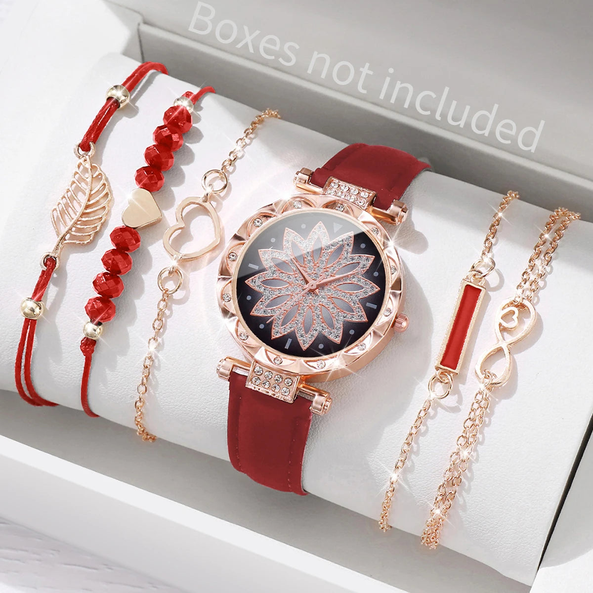 Heart Dial Women's Watch Casual Leather Band Analog Quartz Watch Leaf Bracelets Set Without Box）