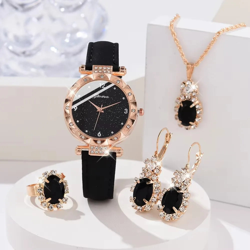 5Pcs Set Luxury Rhinestone Women Fashion Elegant Wristwatch Quartz Watch