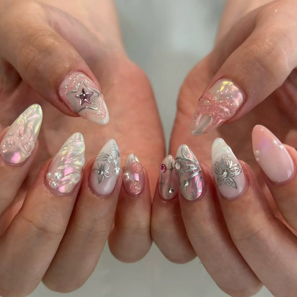 24Pcs False Nails Spicy Girl Silver Bow with Diamond Fake Nails with Glue Almond Press on Nails Black Cool Y2k Almond Nail Set