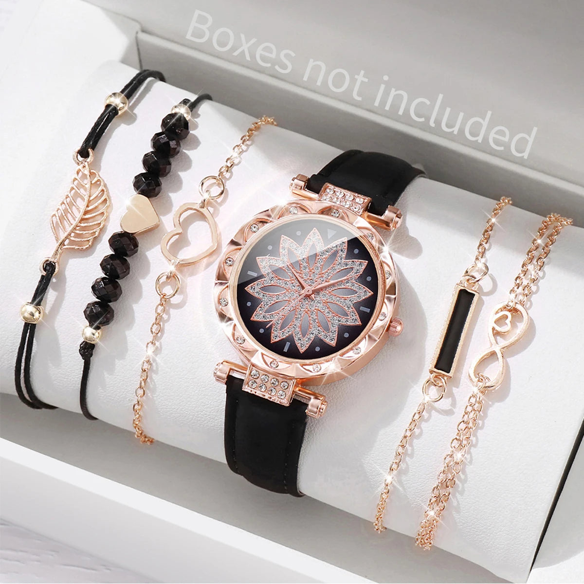 Heart Dial Women's Watch Casual Leather Band Analog Quartz Watch Leaf Bracelets Set Without Box）