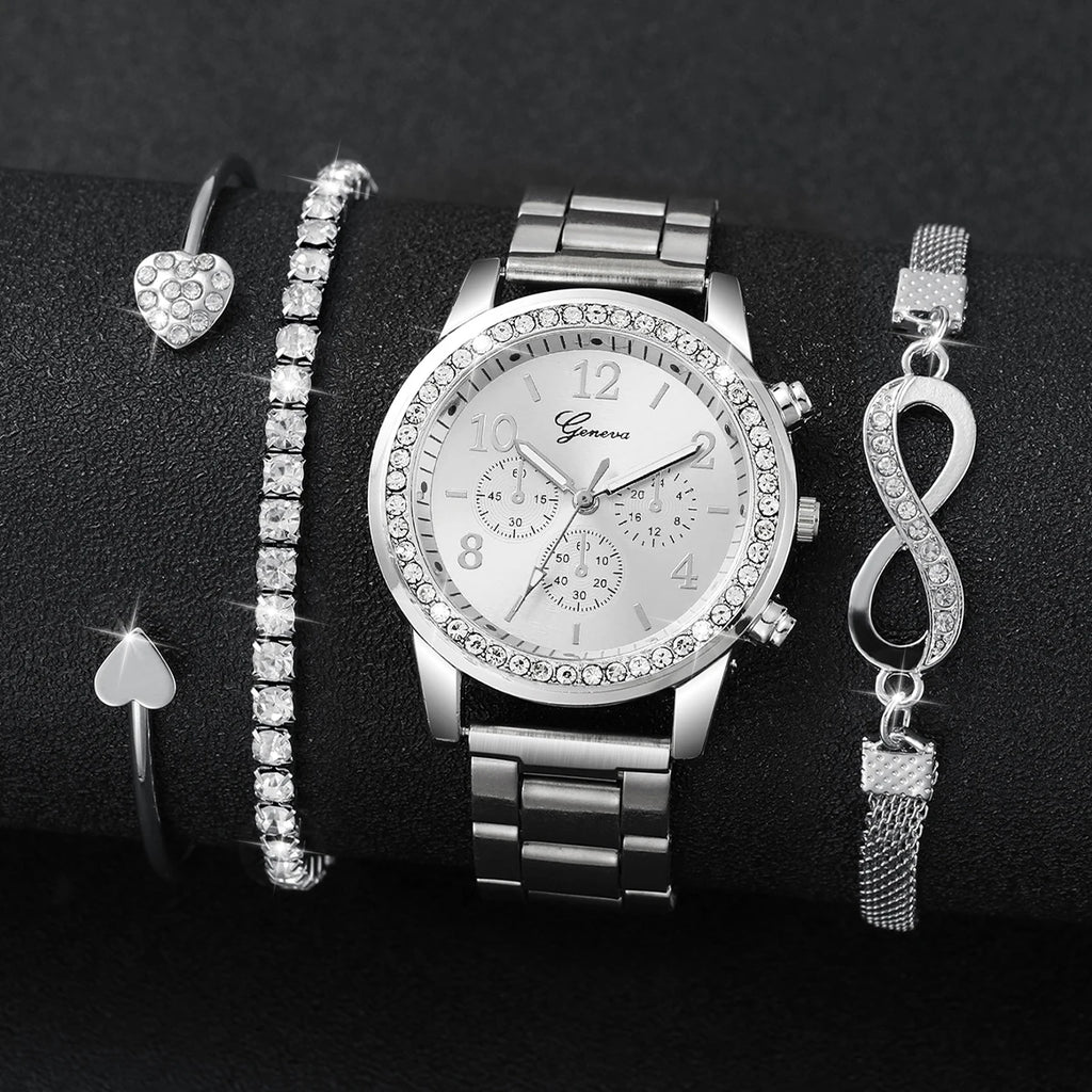 Rhinestone Women Watches Luxury Steel Band Ladies Quartz Watch Bracelets Set