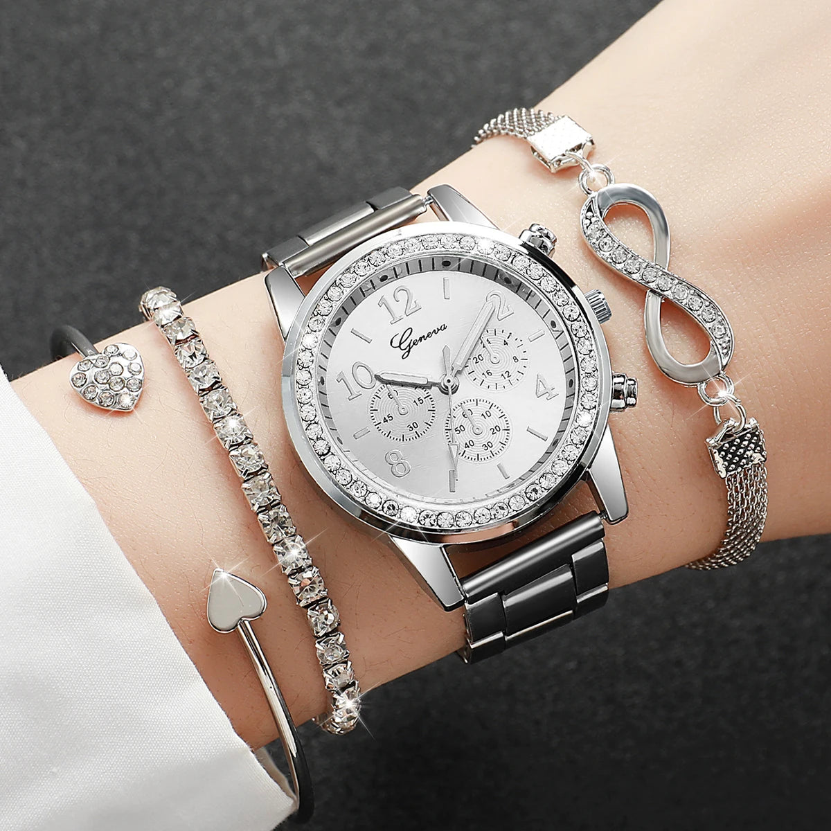 Rhinestone Women Watches Luxury Steel Band Ladies Quartz Watch Bracelets Set