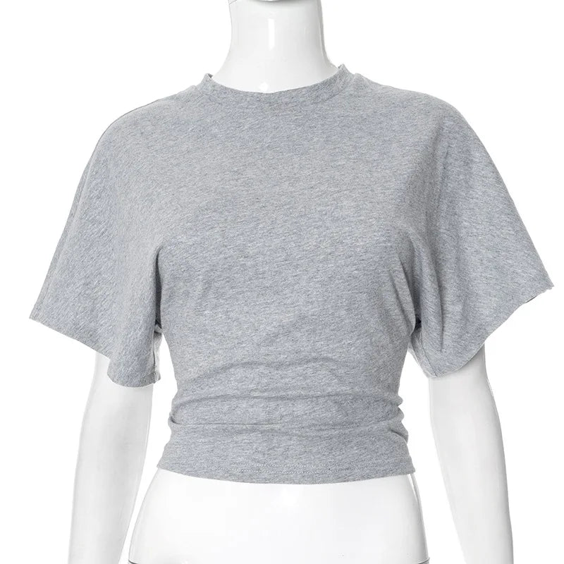 Gray Cropped T-shirt Women's O-neck Corset Tops Fashion Casual Solid Streetwear Spring Summer Short Tee Shirts for Girls