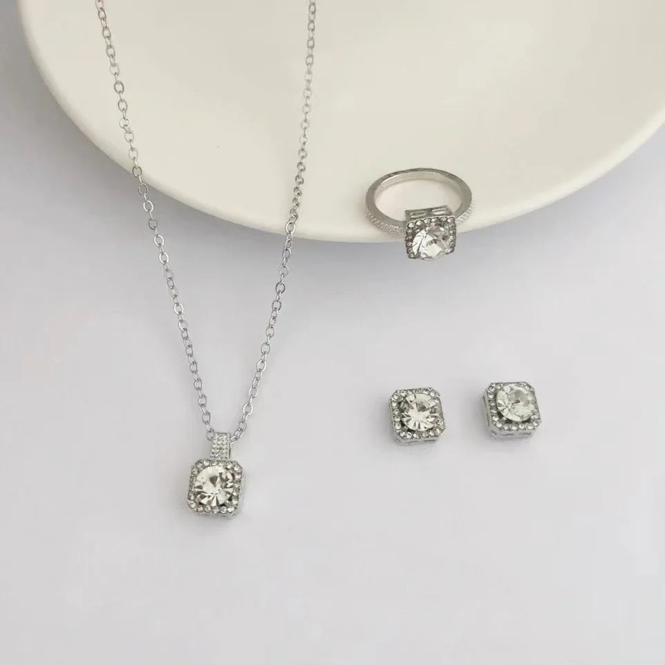 Luxury Cube Jewelry Set, Women's Elegant Necklace, Earrings & Ring Set