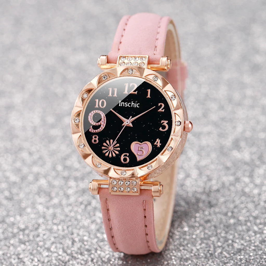 Heart Dial Women's Watch Casual Leather Band Analog Quartz Watch Leaf Bracelets Set Without Box）