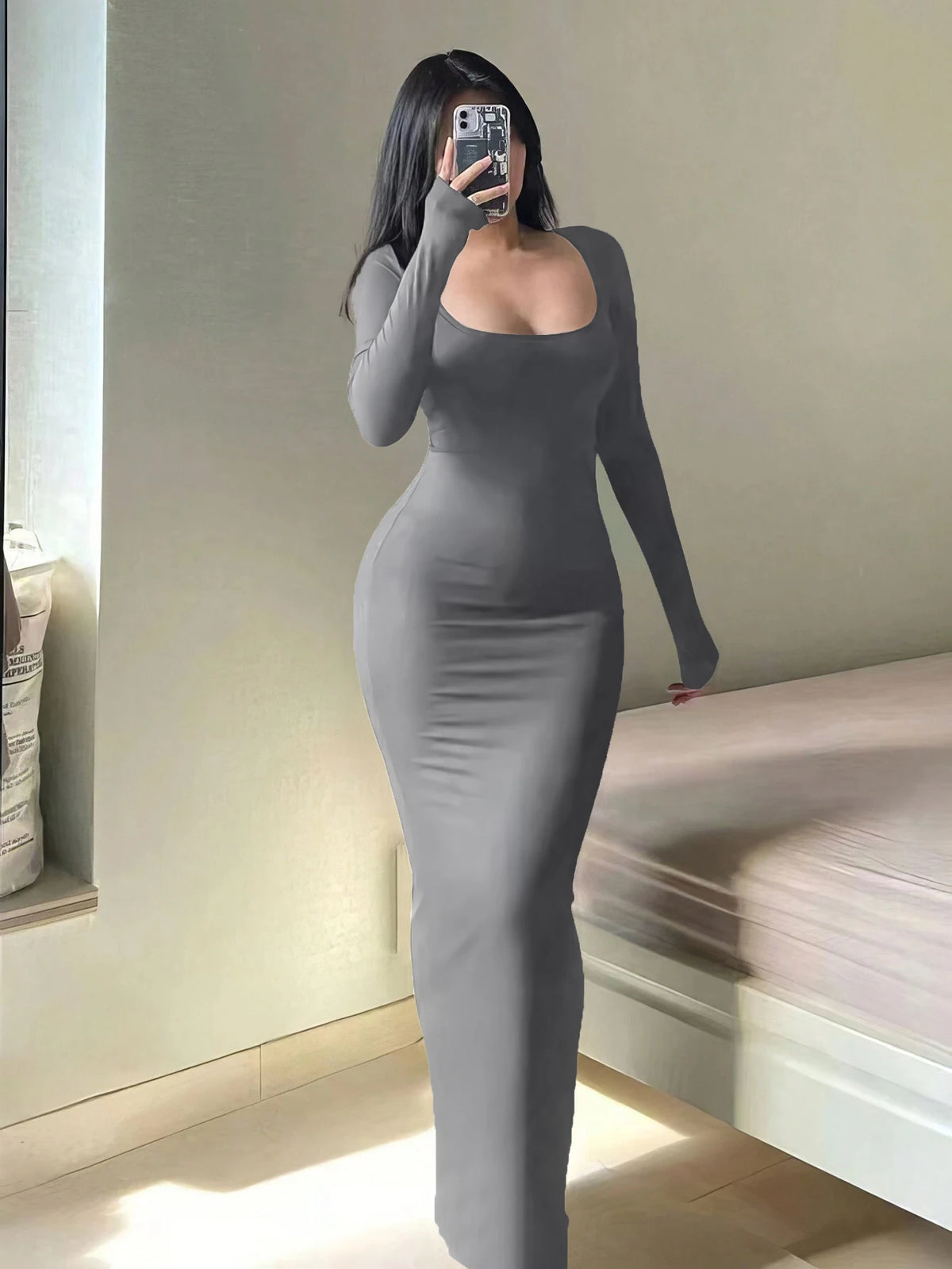 Women's Solid Long Sleeve Bodycon Dress,