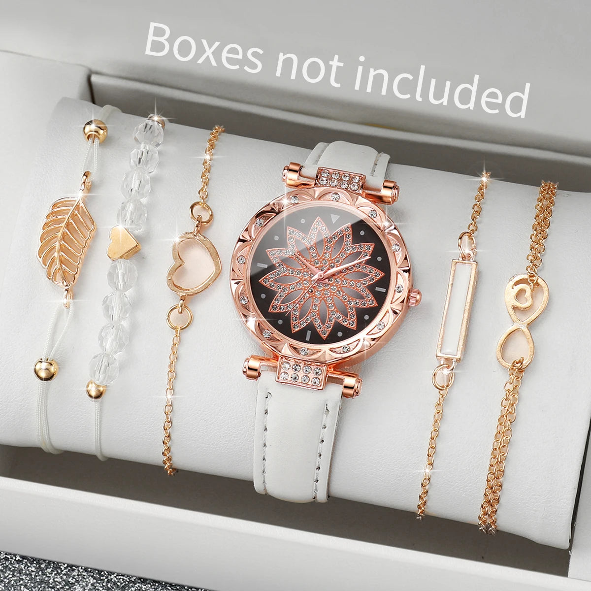 Heart Dial Women's Watch Casual Leather Band Analog Quartz Watch Leaf Bracelets Set Without Box）