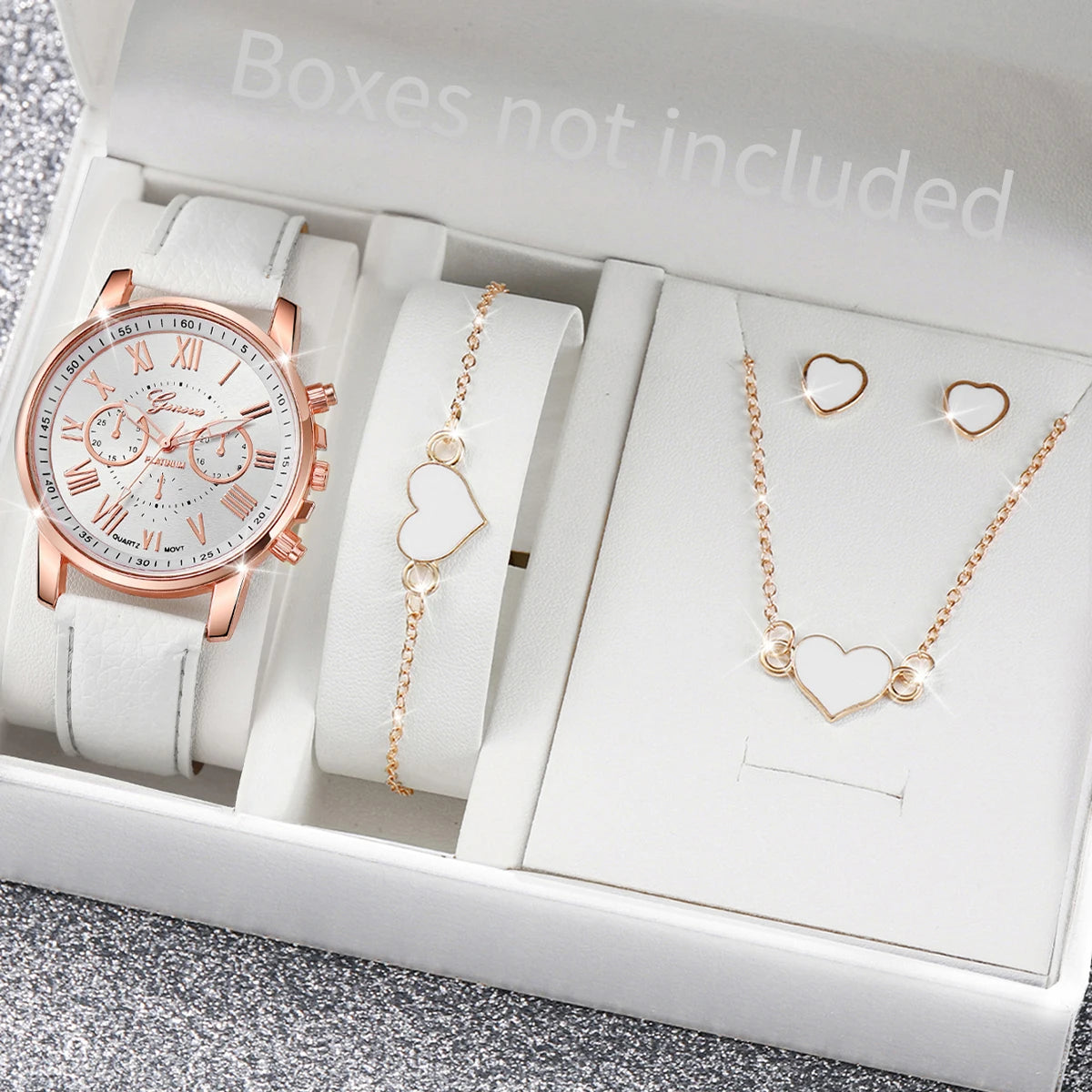 Women's Quartz Watch Leather Band Analog Wrist Watches Heart Rhinestone Jewelry Set(Without Box)