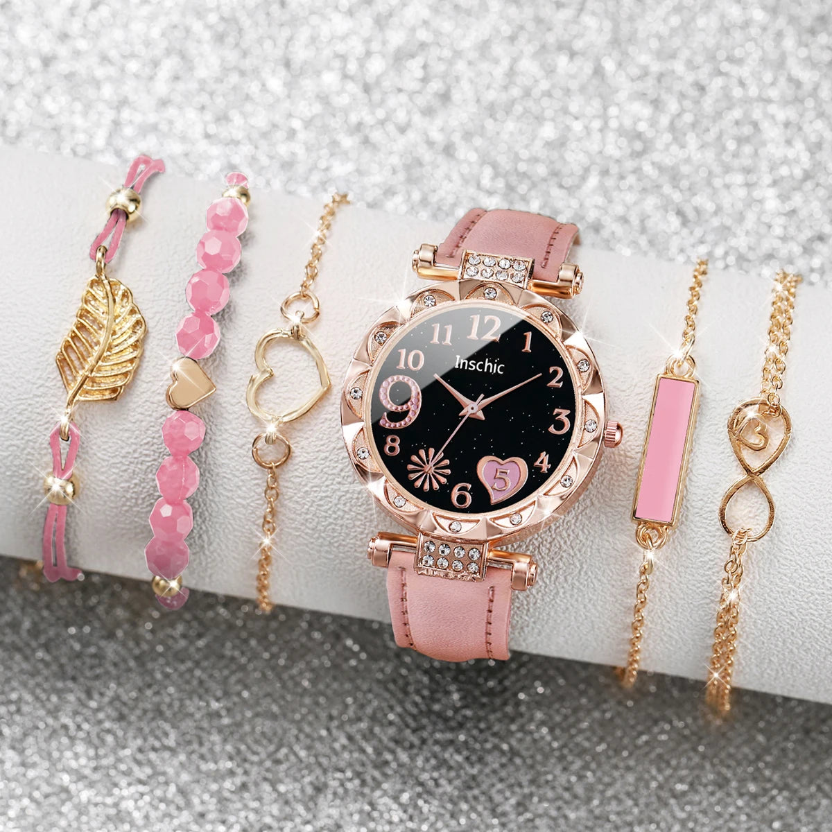 Heart Dial Women's Watch Casual Leather Band Analog Quartz Watch Leaf Bracelets Set Without Box）