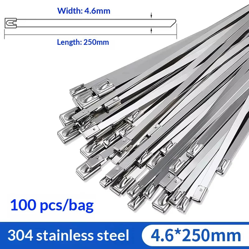 Heavy Duty 304 Stainless Steel Cable Tie Gun 100PCS Metal Zip Ties Cutter UV Resistant Tool Fence Ties 4.6mm Width