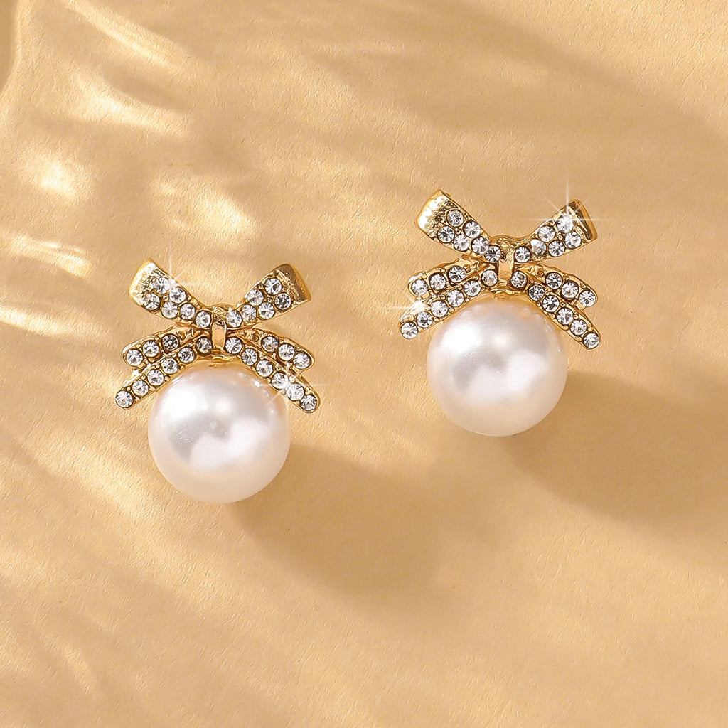 2 Women's Silver Needle Bow Studded With Diamond Pearl Earrings,