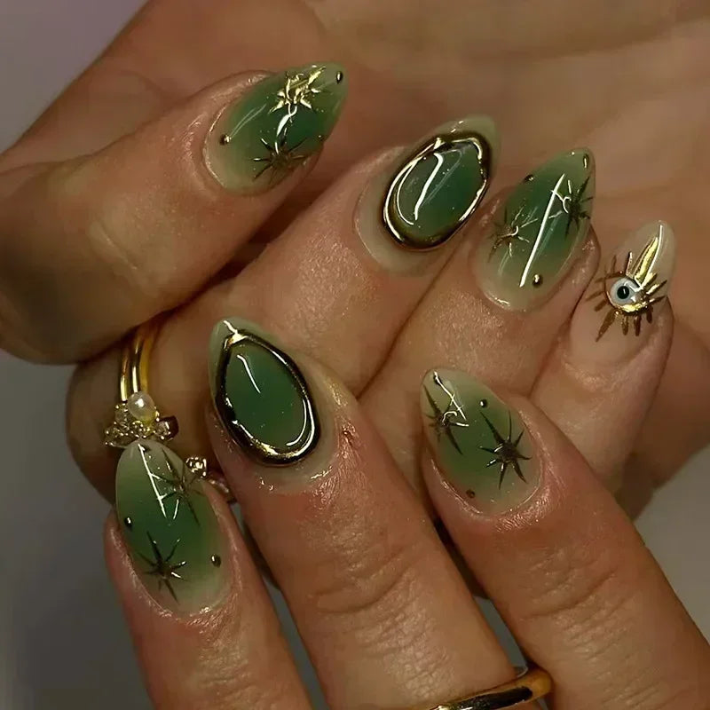 24Pcs False Nails Spicy Girl Silver Bow with Diamond Fake Nails with Glue Almond Press on Nails Black Cool Y2k Almond Nail Set