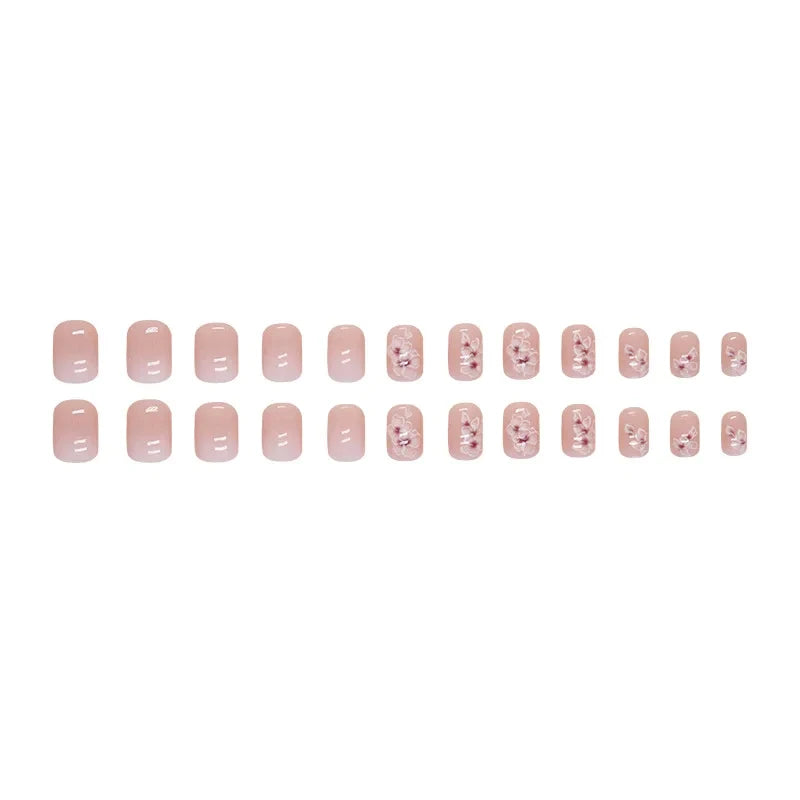 24 PCs Short French Simple Gradient Flower Nails with 1 Jelly Glue and 1 Nail File