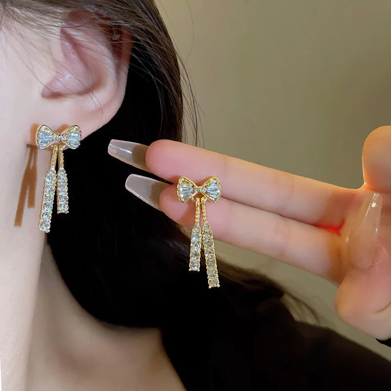 Gold Color Shiny Bow Stud Earrings