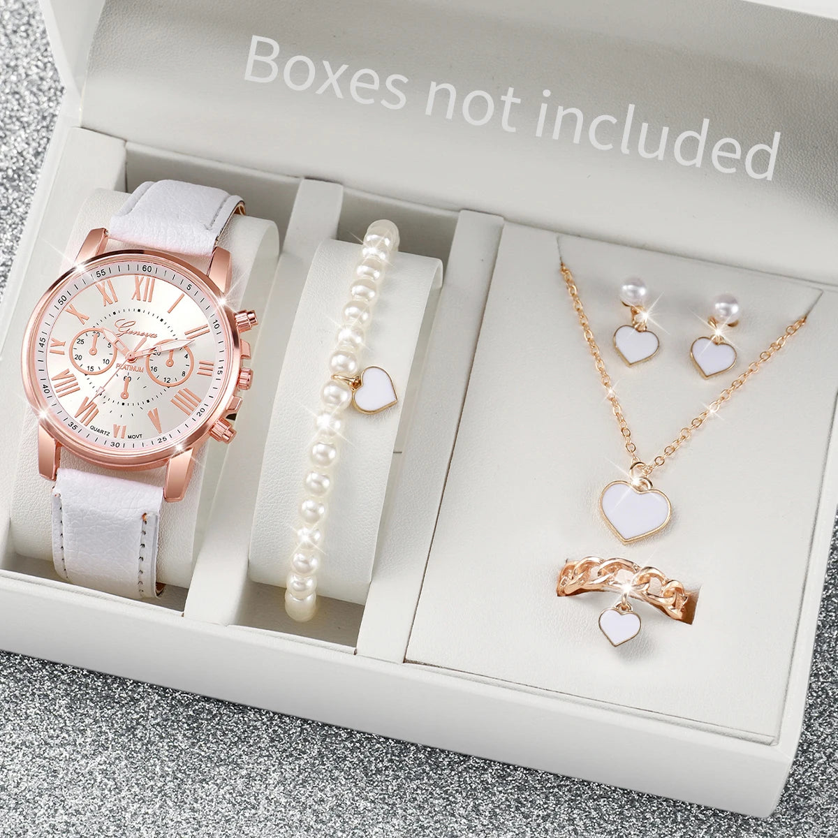 Women's Quartz Watch Leather Band Analog Wrist Watches Heart Rhinestone Jewelry Set(Without Box)