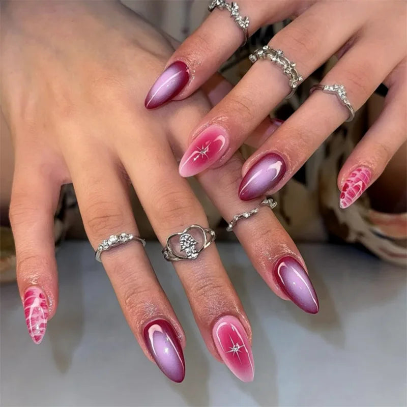 24Pcs False Nails Spicy Girl Silver Bow with Diamond Fake Nails with Glue Almond Press on Nails Black Cool Y2k Almond Nail Set