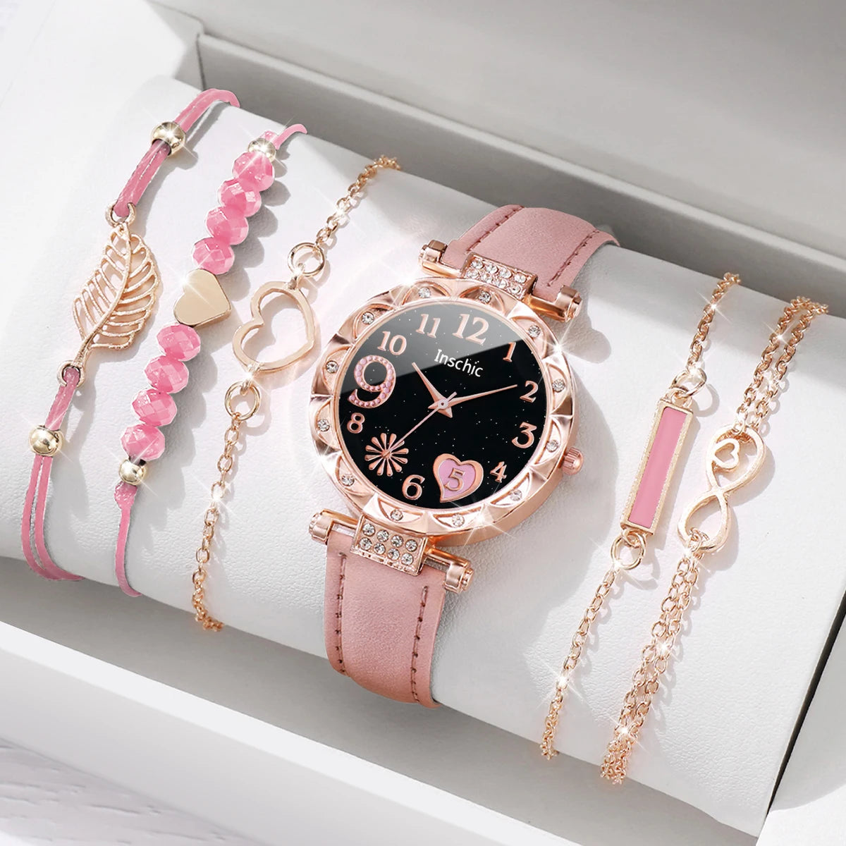 Heart Dial Women's Watch Casual Leather Band Analog Quartz Watch Leaf Bracelets Set Without Box）