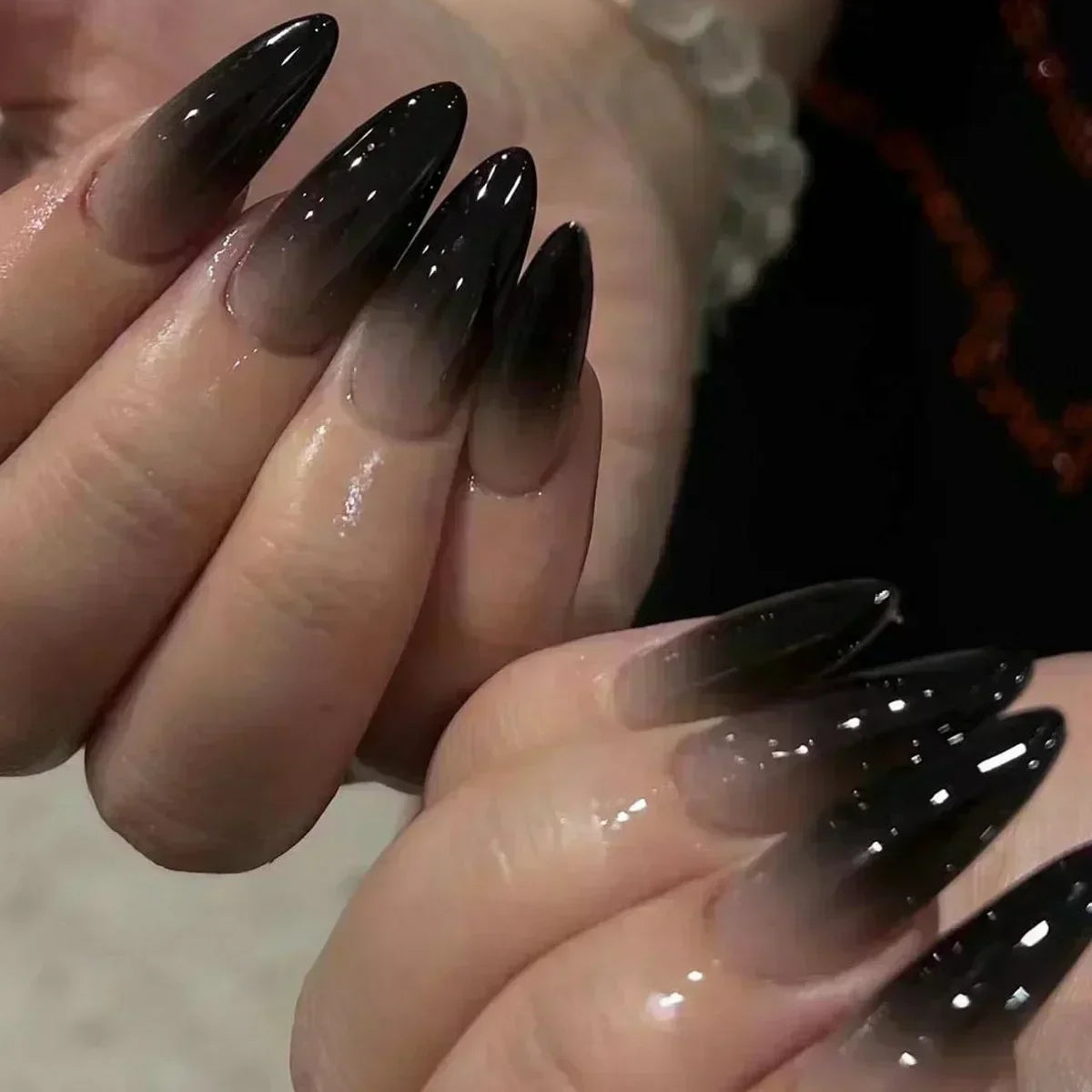 24Pcs False Nails Spicy Girl Silver Bow with Diamond Fake Nails with Glue Almond Press on Nails Black Cool Y2k Almond Nail Set