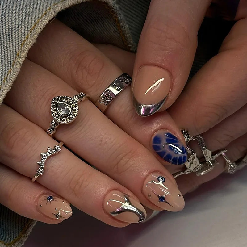 24Pcs False Nails Spicy Girl Silver Bow with Diamond Fake Nails with Glue Almond Press on Nails Black Cool Y2k Almond Nail Set