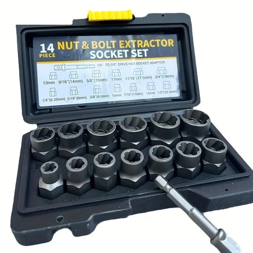 14-Piece Cr-Mo Steel Impact Bolt Nut Remover Set with Solid Storage Case for Industrial Use Bolt Extractor Tool Set