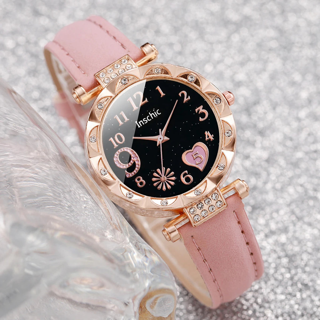 Heart Dial Women's Watch Casual Leather Band Analog Quartz Watch Leaf Bracelets Set Without Box）