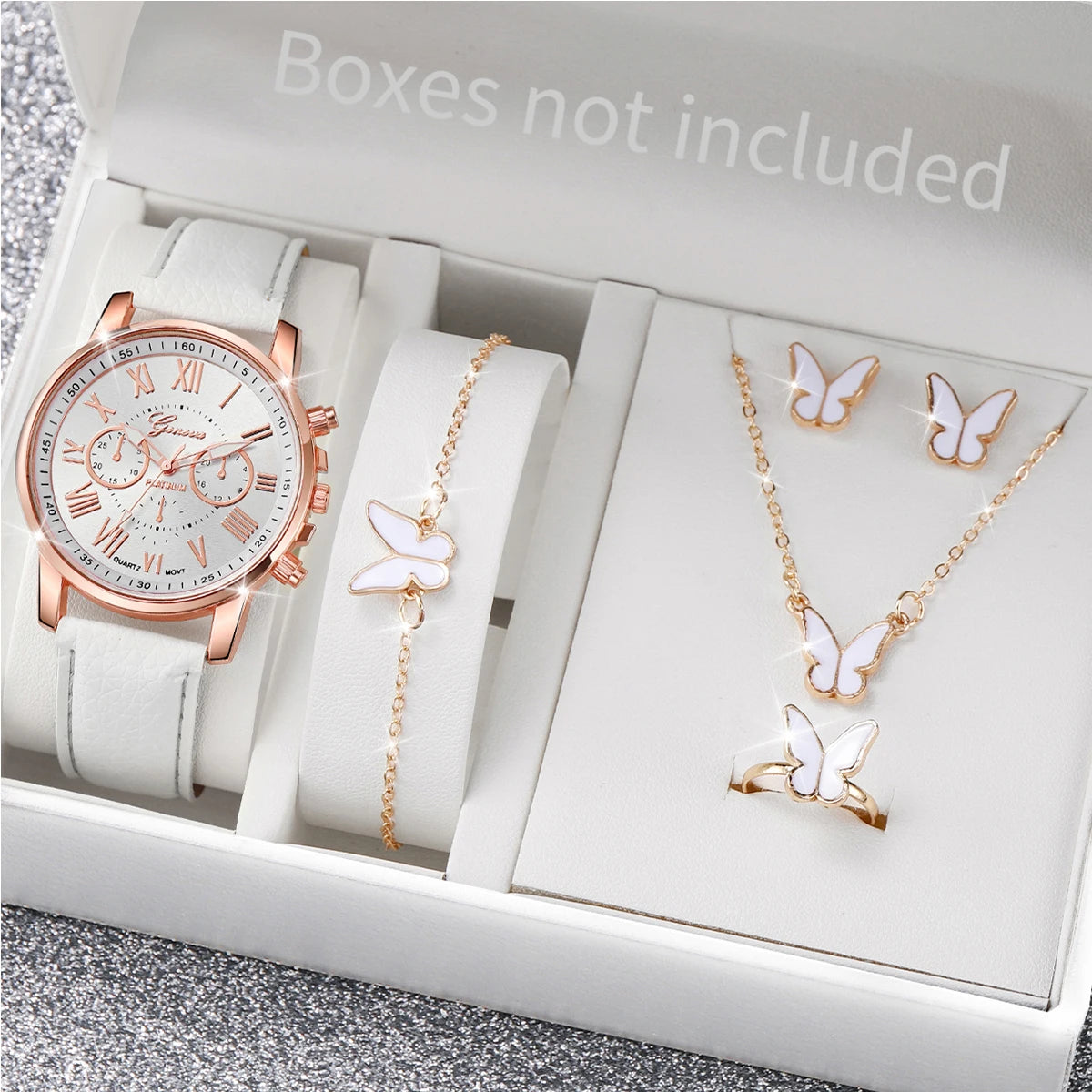 Women's Quartz Watch Leather Band Analog Wrist Watches Heart Rhinestone Jewelry Set(Without Box)