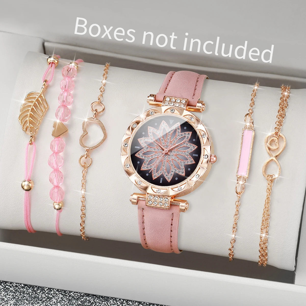 Heart Dial Women's Watch Casual Leather Band Analog Quartz Watch Leaf Bracelets Set Without Box）