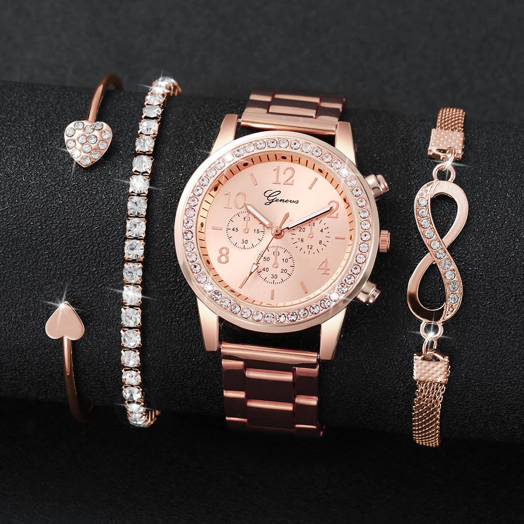 Rhinestone Women Watches Luxury Steel Band Ladies Quartz Watch Bracelets Set