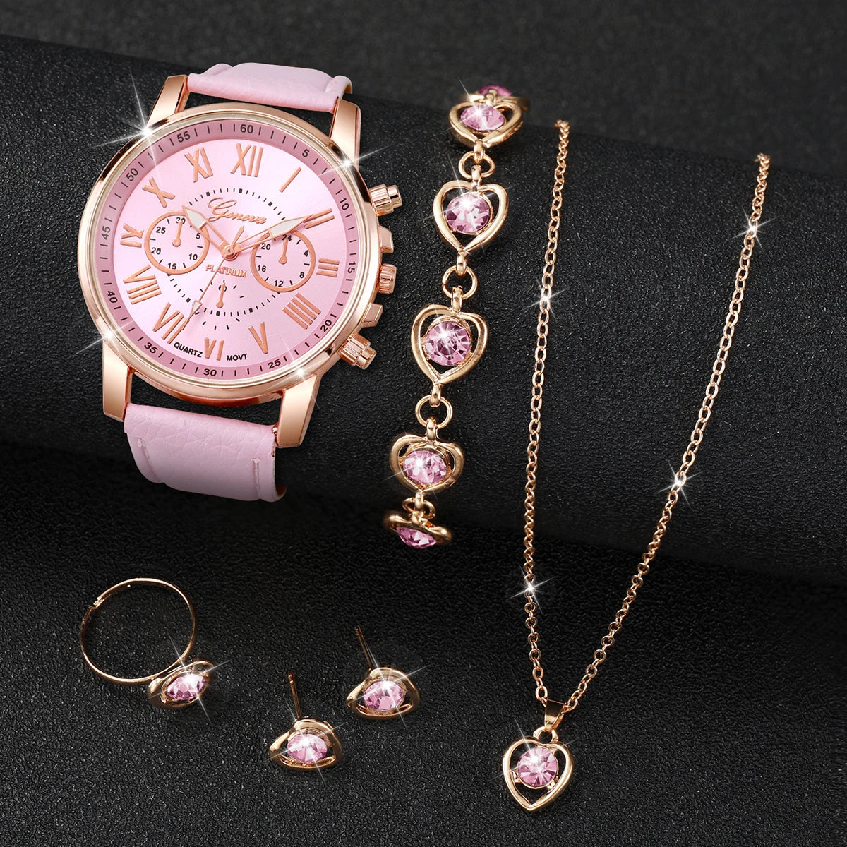 Women's Quartz Watch Leather Band Analog Wrist Watches Heart Rhinestone Jewelry Set(Without Box)