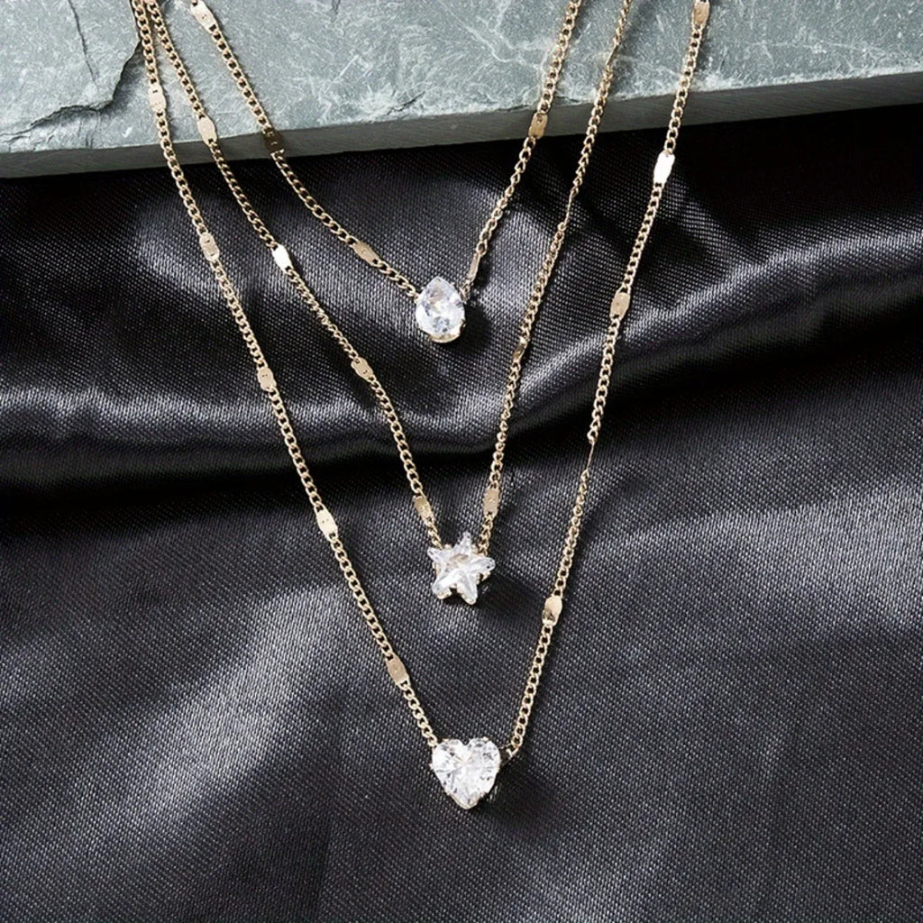 Multi-layer Five-pointed Star Heart Shape Water Drop Pendant Chain Necklace Alloy Material Glass Collarbone Chain Sexy Women New