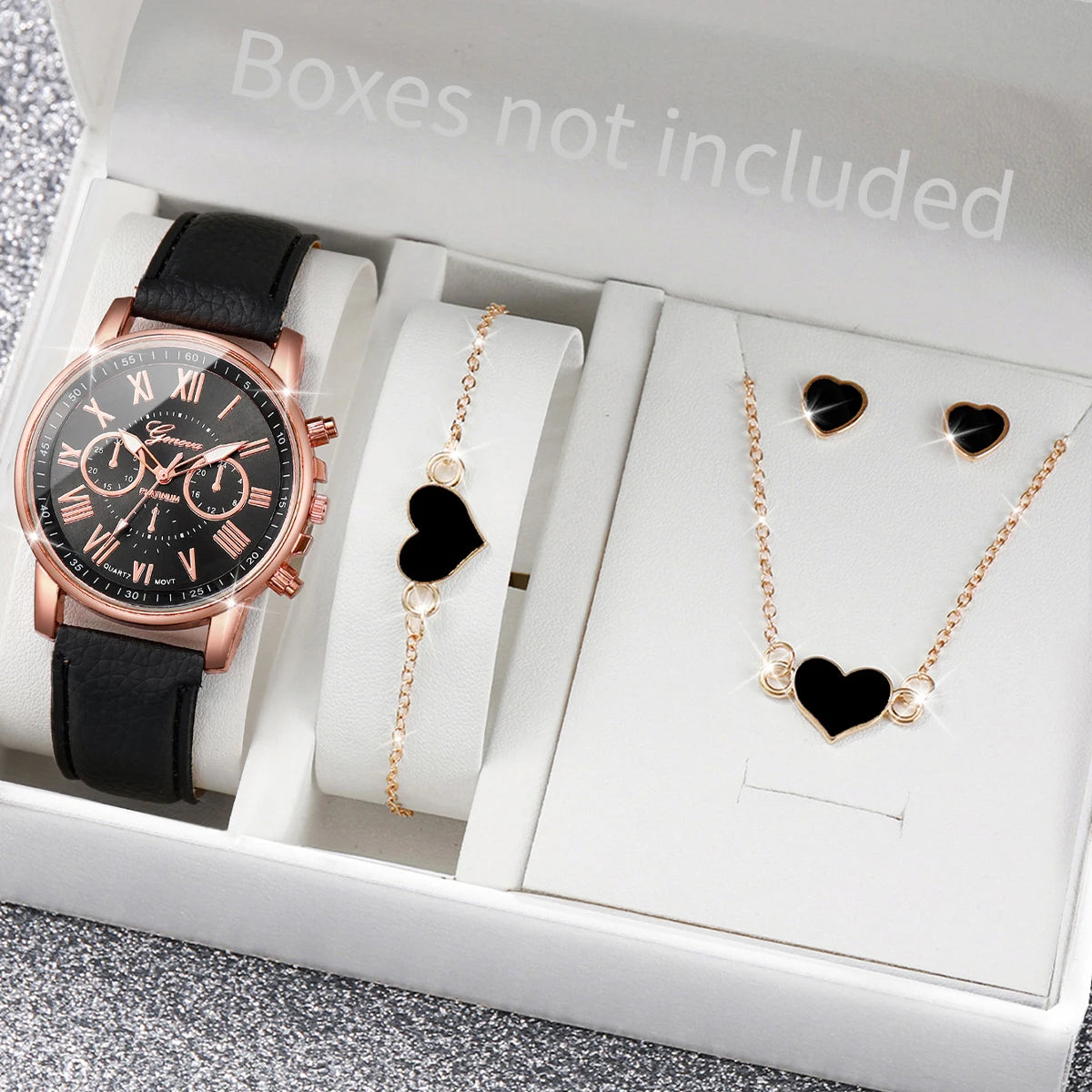 Women's Quartz Watch Leather Band Analog Wrist Watches Heart Rhinestone Jewelry Set(Without Box)