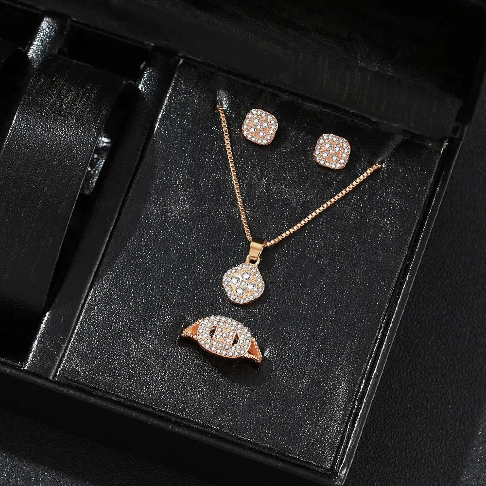 Luxury Cube Jewelry Set, Women's Elegant Necklace, Earrings & Ring Set