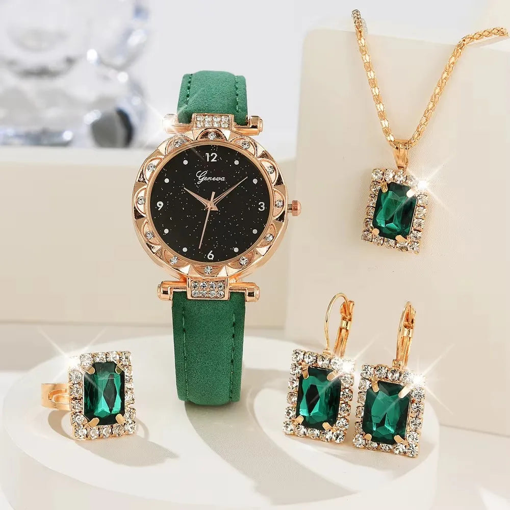 5Pcs Set Luxury Rhinestone Women Fashion Elegant Wristwatch Quartz Watch