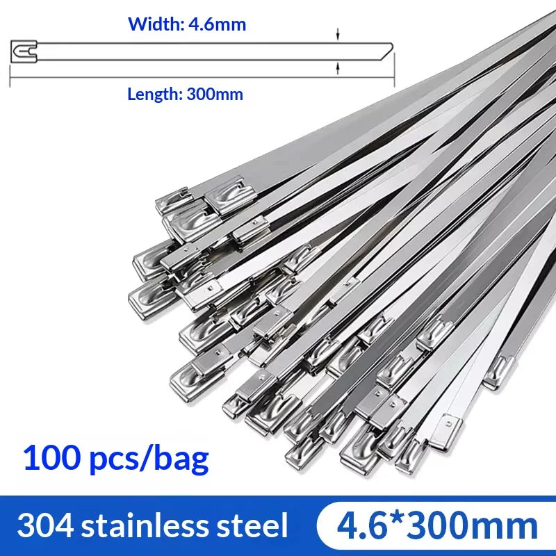 Heavy Duty 304 Stainless Steel Cable Tie Gun 100PCS Metal Zip Ties Cutter UV Resistant Tool Fence Ties 4.6mm Width