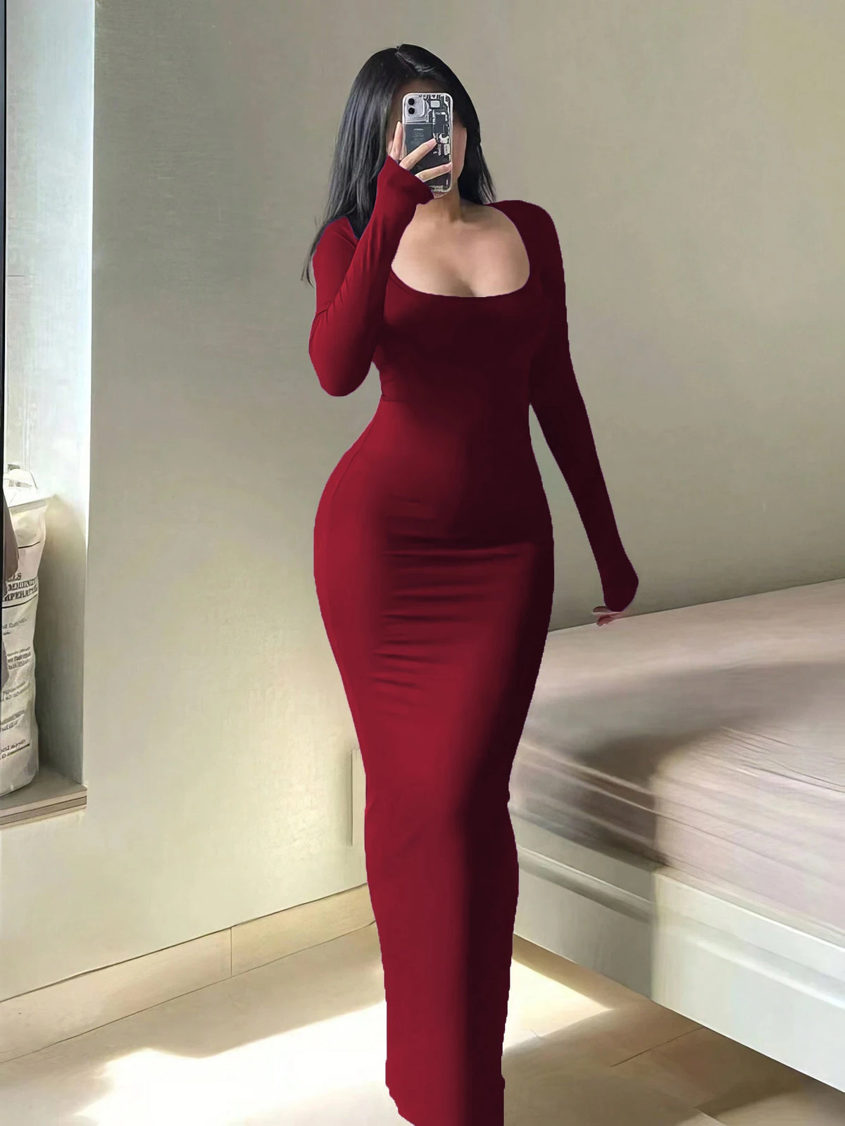 Women's Solid Long Sleeve Bodycon Dress,