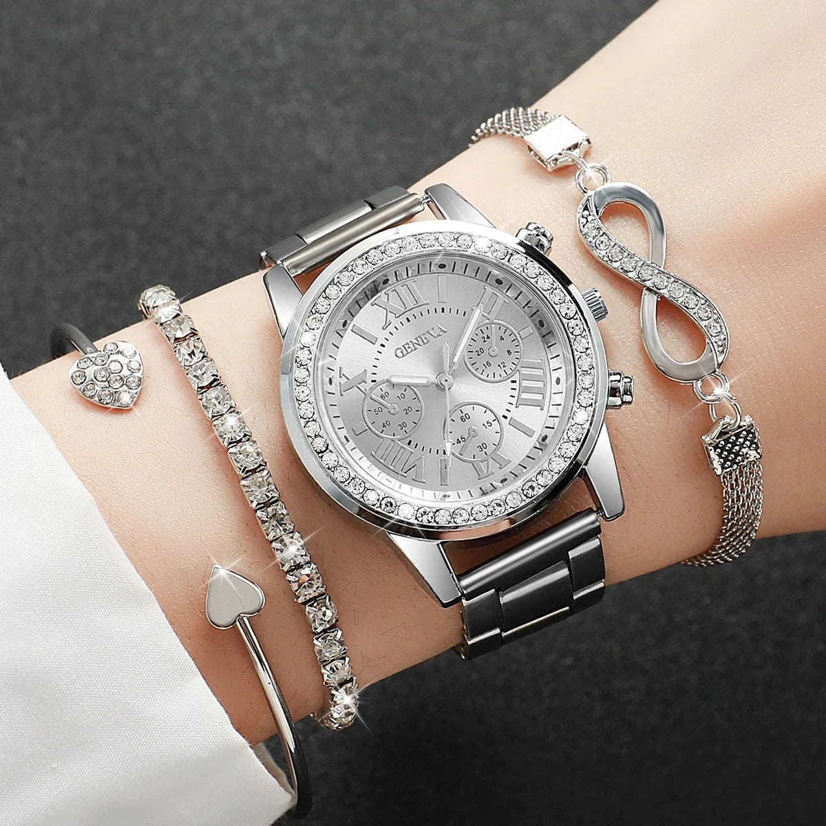 Rhinestone Women Watches Luxury Steel Band Ladies Quartz Watch Bracelets Set